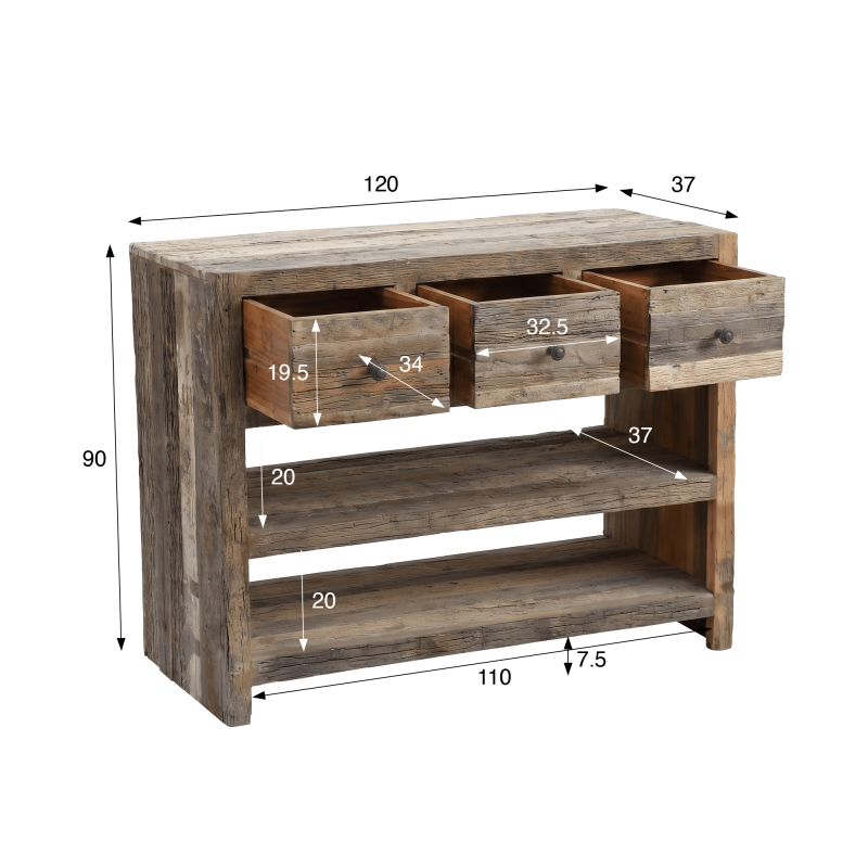 Console 3 tiroirs en bois foncé brut et ancien - Antique