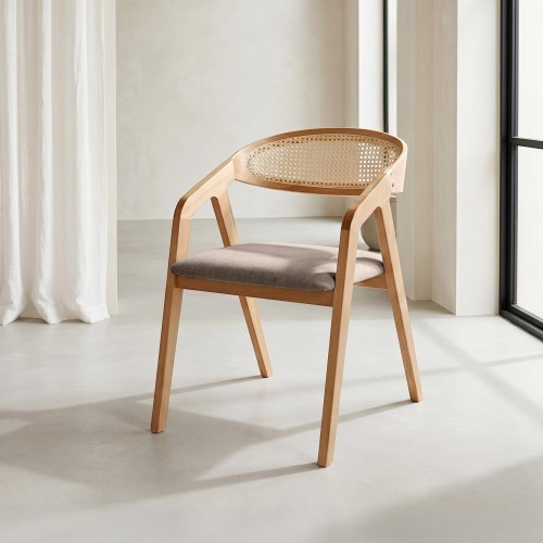 Chaise de salle à manger avec dossier en cannage et tissu blanc - Seren