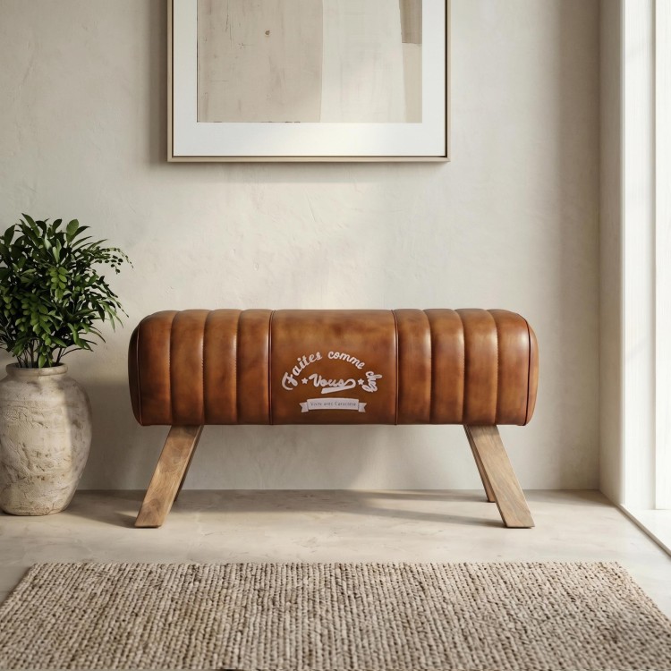 Banc en bois et cuir naturel - Navona