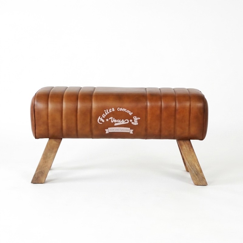 Banc en bois et cuir naturel - Navona