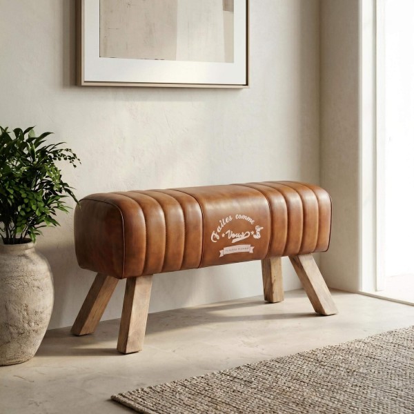 Banc en bois et cuir naturel - Navona