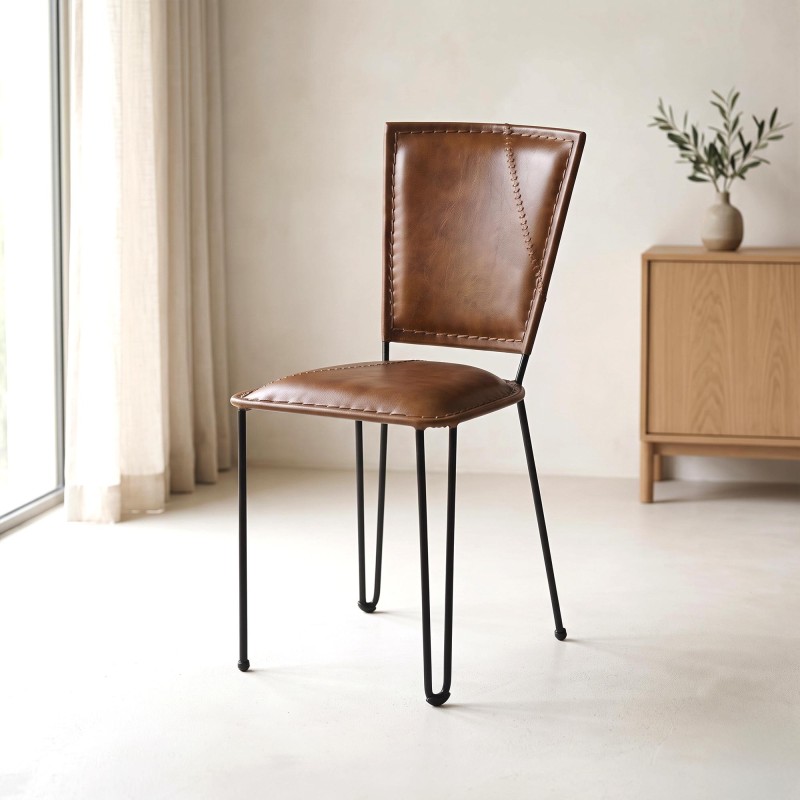 Chaise vintage métal et cuir marron - Smart