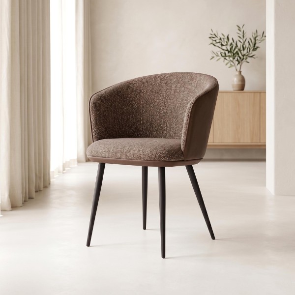 Chaise de salle à manger en tissu bouclette marron, cuir marron - Hey