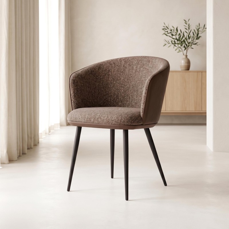 Chaise de salle à manger en tissu bouclette marron, cuir marron - Hey