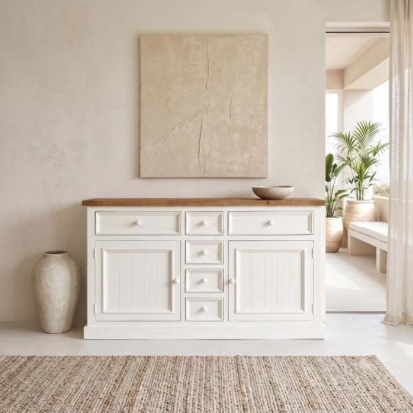 Bahut bois et blanc en pin massif 160 cm - Mayfield