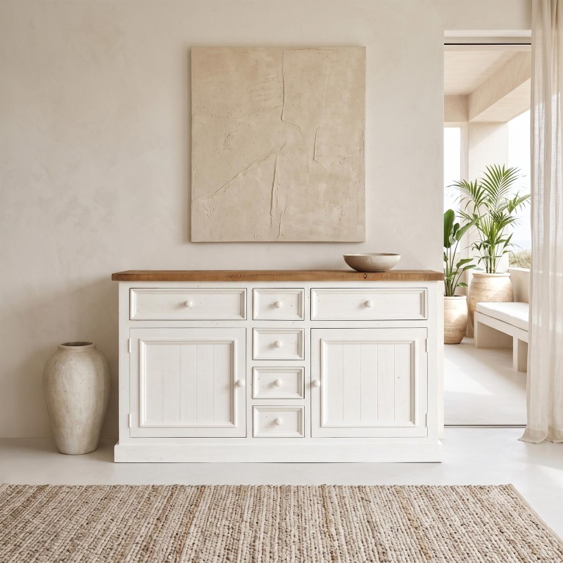 Bahut bois et blanc en pin massif 160 cm - Mayfield