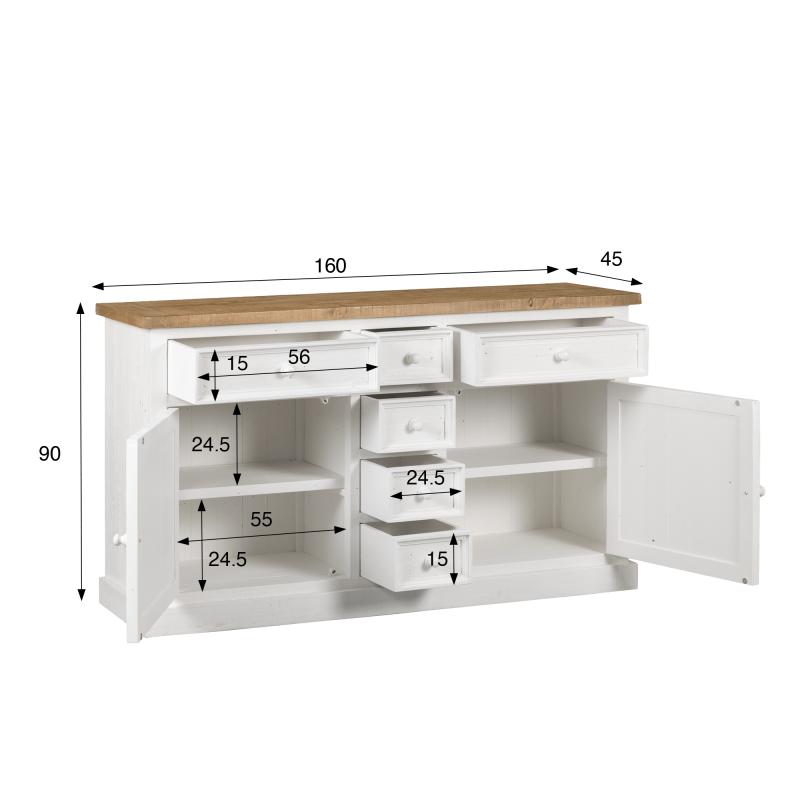 Bahut bois et blanc en pin massif 160 cm - Mayfield