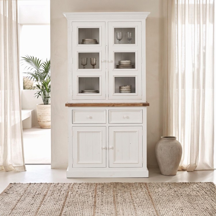 Buffet haut vitrine bois et blanc en pin massif - Mayfield