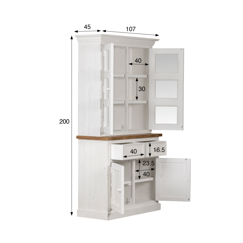 Buffet haut vitrine bois et blanc en pin massif - Mayfield