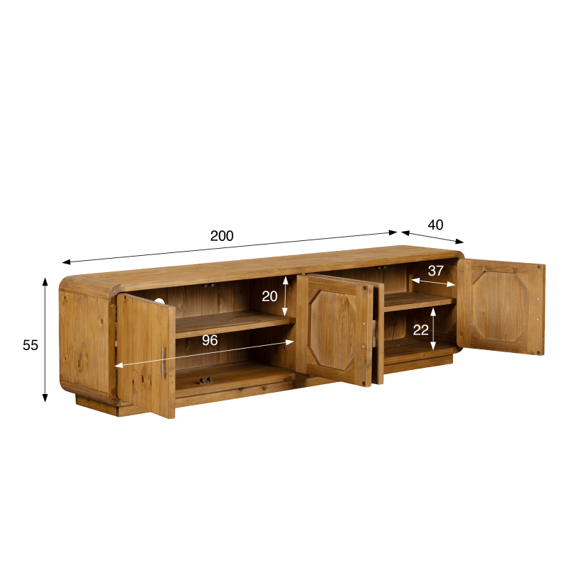 Meuble TV en bois massif naturel de pin 200 cm - Valdora