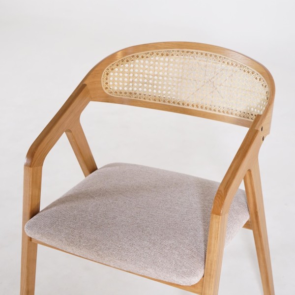 Chaise de salle à manger avec dossier en cannage et tissu beige - Seren