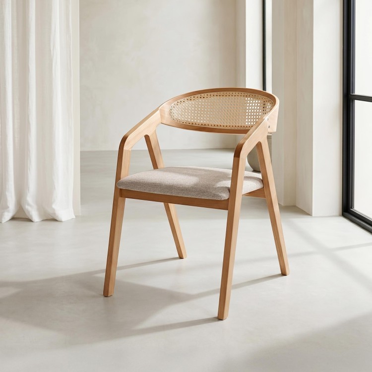 Chaise de salle à manger avec dossier en cannage et tissu beige - Seren