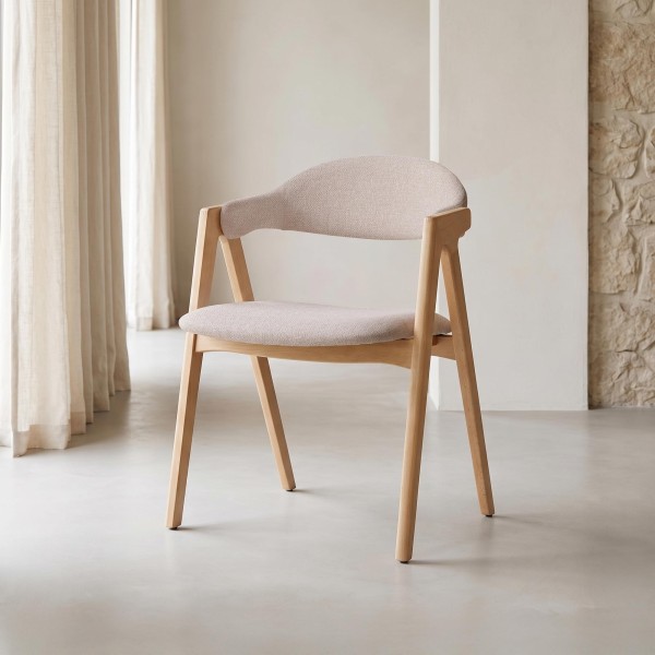 Chaise en bois naturel et tissu bouclé beige - Lykke
