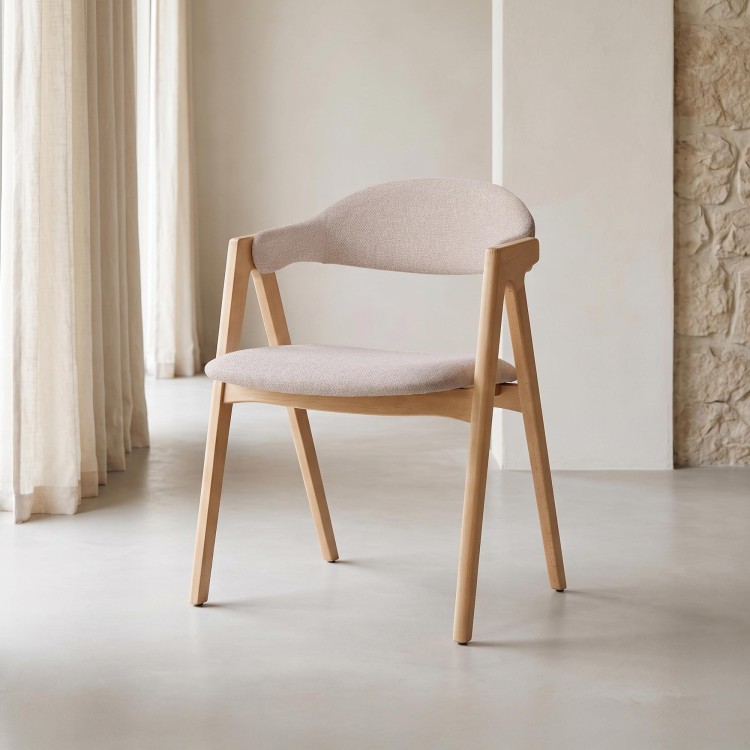 Chaise en bois naturel et tissu bouclé beige - Lykke