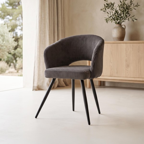 Chaise de salle à manger en velours gris et pieds en métal noir - Maple