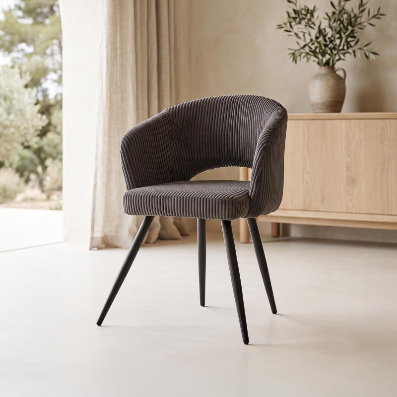 Chaise de salle à manger en velours gris et pieds en métal noir - Maple