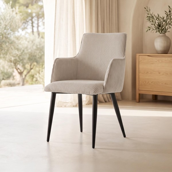 Chaise de salle à manger en velours beige et pieds en métal noir - Noa