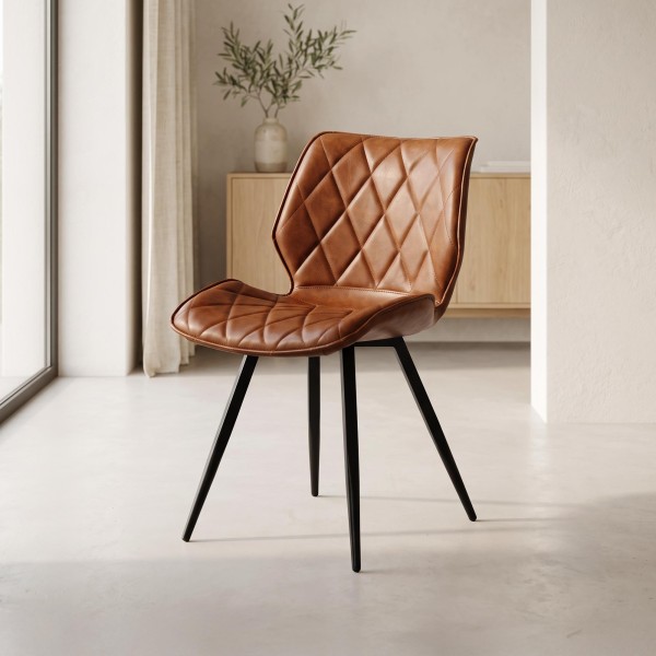 Chaise de salle à manger en cuir marron et pieds en métal noir - Luna