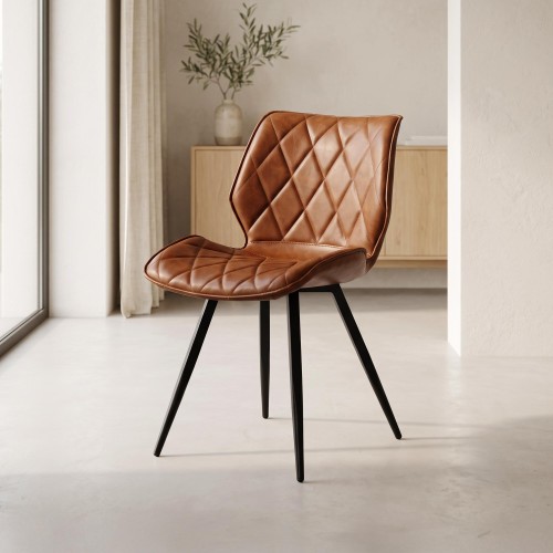 Chaise de salle à manger en cuir marron et pieds en métal noir - Luna