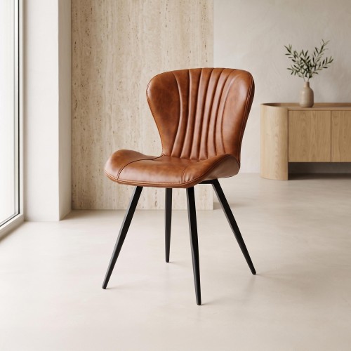 Chaise de salle à manger en cuir marron et pieds en métal noir - Harmonia