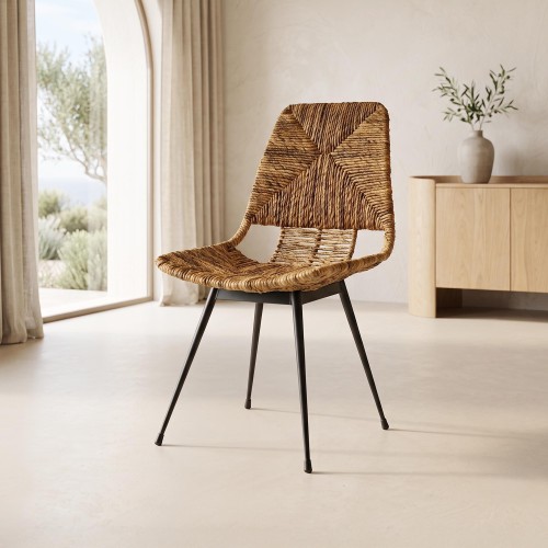 Chaise en rotin naturel et pieds en metal noir - Maria