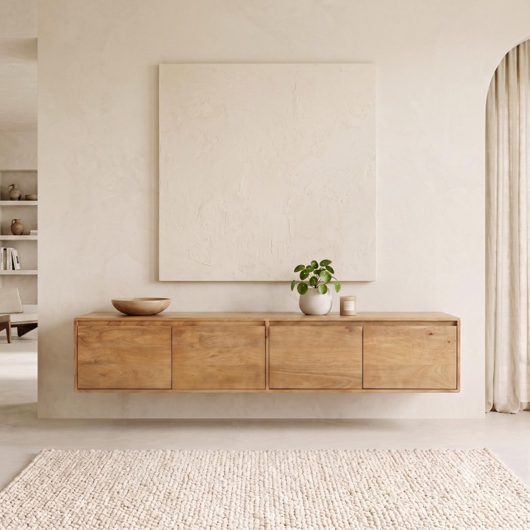Meuble TV en bois massif naturel 180 cm (suspendu ou à poser) - Ivar