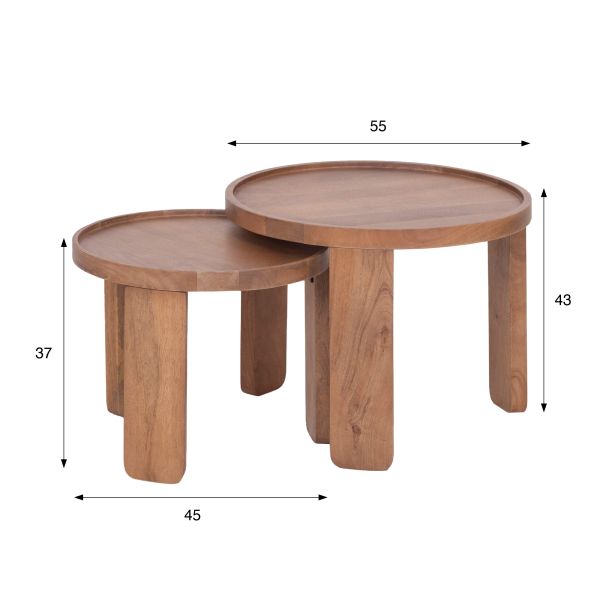 Ensemble de 2 tables basses gigognes rondes en bois massif - Plano