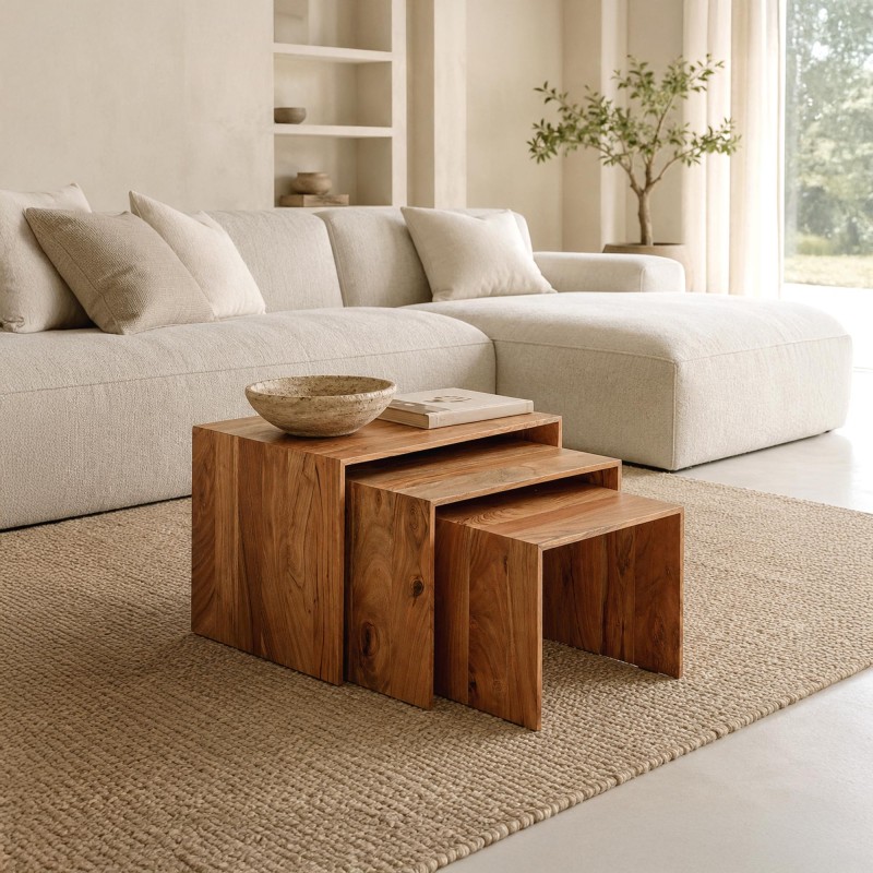 Ensemble de 3 tables basses gigognes en bois massif naturel - Mono