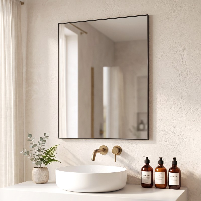 Miroir mural rectangulaire de salle de bain avec cadre en métal noir 70 x 90 cm