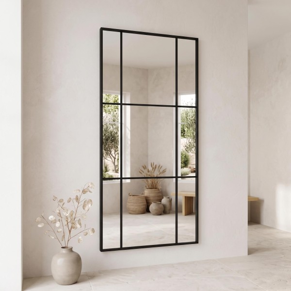 Grand miroir mural industriel style verrière avec cadre en métal noir 80 x 180 cm