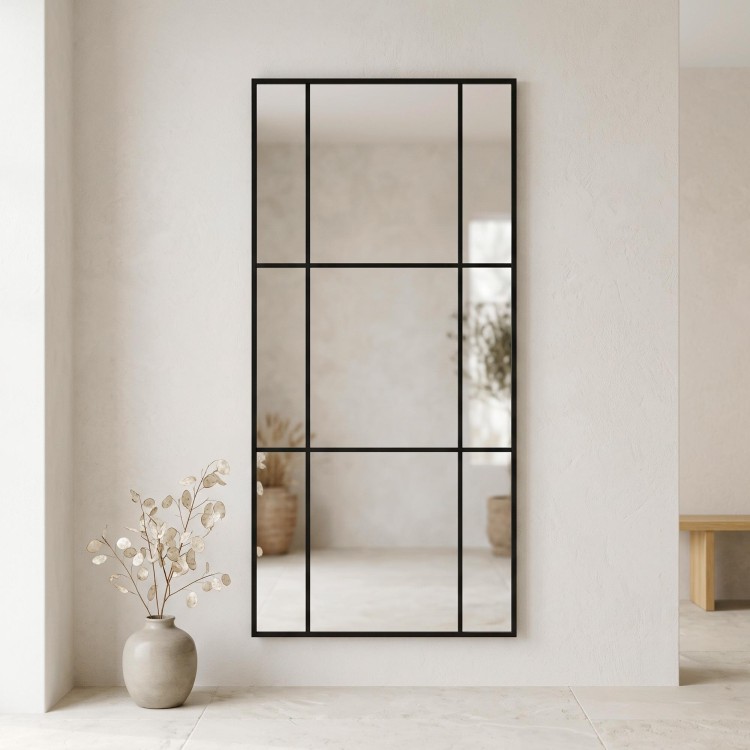 Grand miroir mural industriel style verrière avec cadre en métal noir 80 x 180 cm