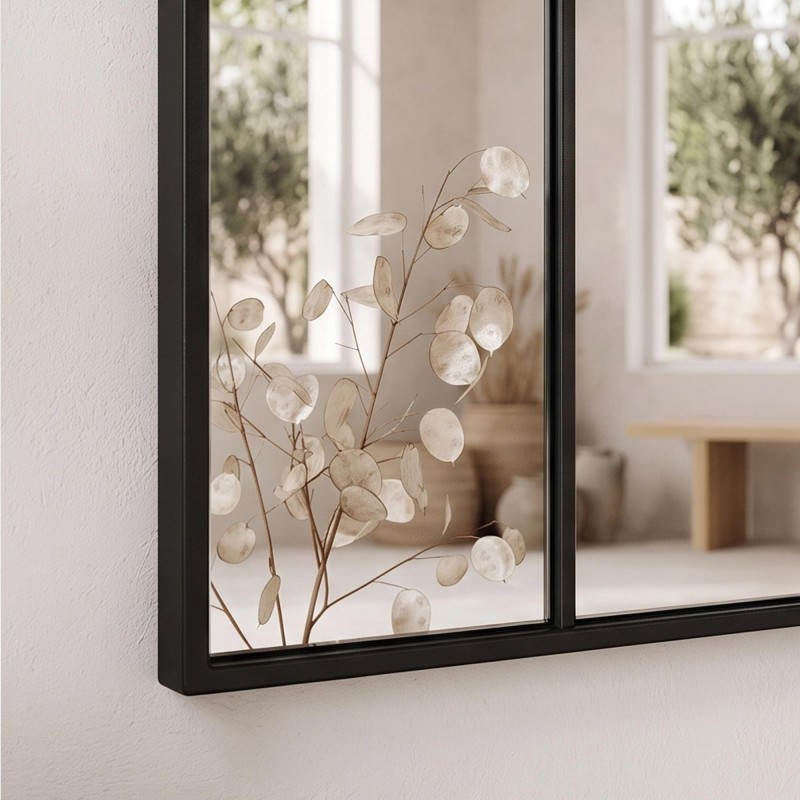 Grand miroir mural industriel style verrière avec cadre en métal noir 80 x 180 cm