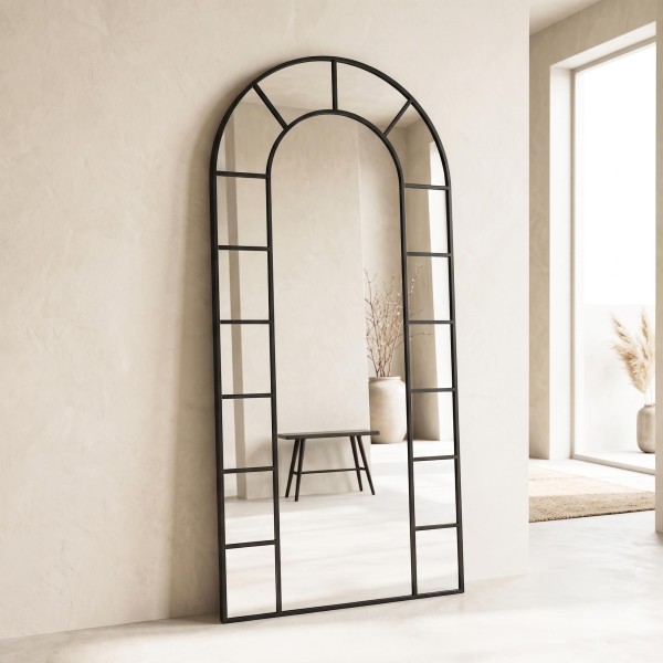 Miroir mural en arche style verrière avec cadre en métal noir 80 x 180 cm