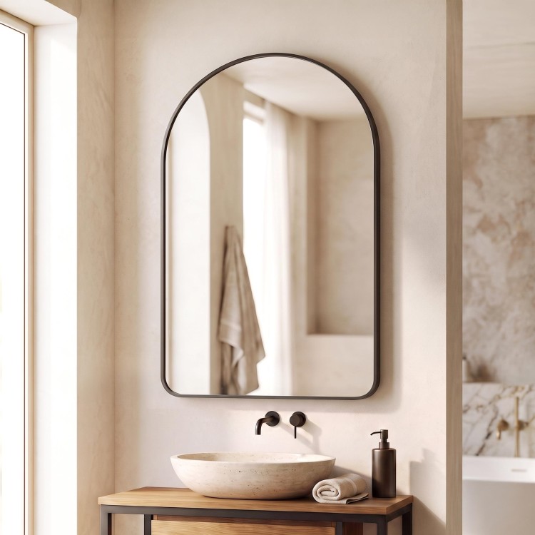 Miroir mural en arche pour salle de bain avec cadre en métal noir 120 x 75 cm