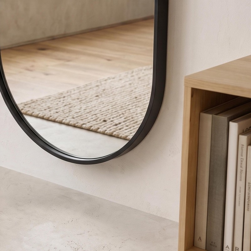 Grand miroir mural ovale avec cadre en métal noir 60 x 165 cm