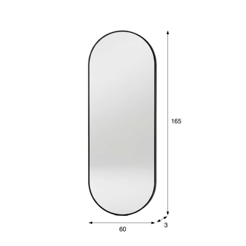 Grand miroir mural ovale avec cadre en métal noir 60 x 165 cm