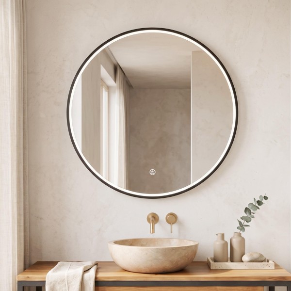 Grand miroir mural rond de salle de bain lumineux avec éclairage LED 80 cm