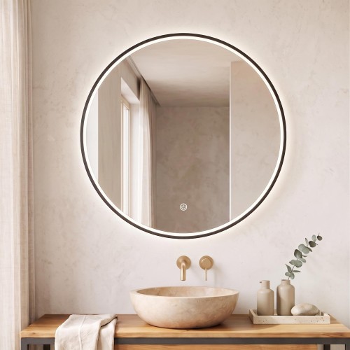 Grand miroir mural rond de salle de bain lumineux avec éclairage LED 80 cm
