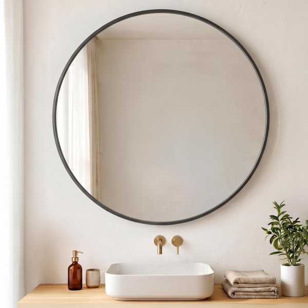 Grand miroir mural rond de salle de bain avec cadre en métal noir 80 cm