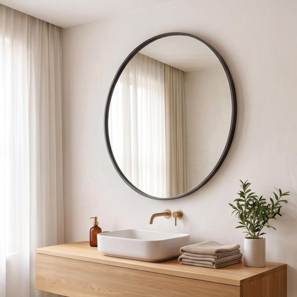 Grand miroir mural rond de salle de bain avec cadre en métal noir 80 cm