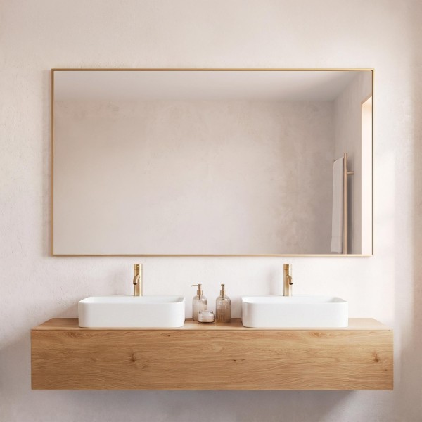 Grand miroir mural rectangulaire de salle de bain avec cadre en métal doré 120 x 75 cm