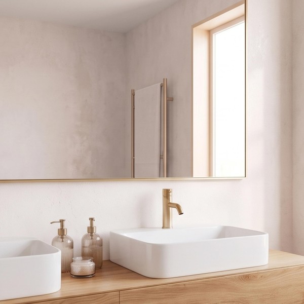 Grand miroir mural rectangulaire de salle de bain avec cadre en métal doré 120 x 75 cm