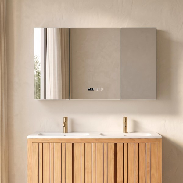 Armoire murale de salle de bain avec miroir triptique et éclairage LED 120 x 75 cm