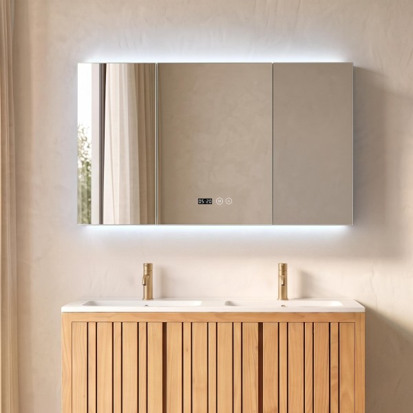 Armoire murale de salle de bain avec miroir triptique et éclairage LED 120 x 75 cm