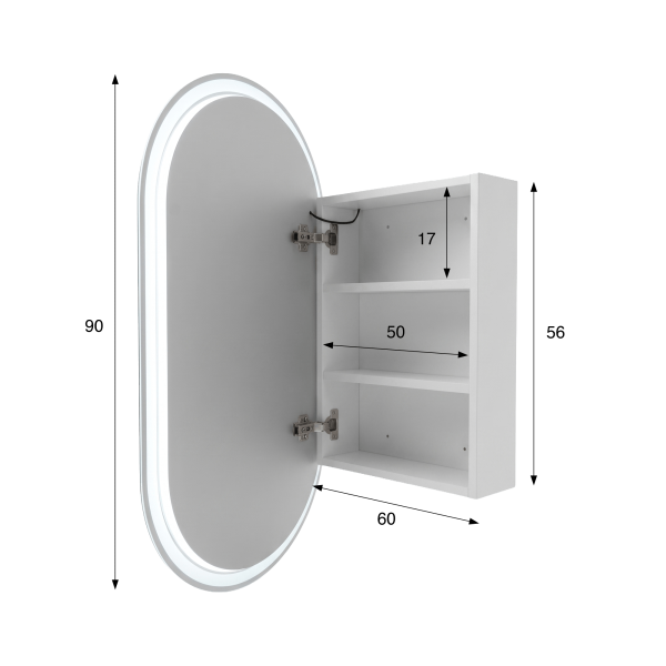 Armoire murale de salle de bain avec miroir ovale et éclairage LED 50 x 90 cm