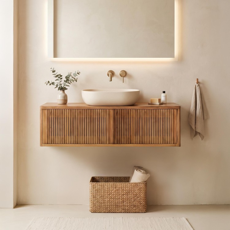 Meuble de salle de bain suspendu en bois massif de teck 100 cm - Rhea