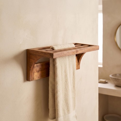 Porte serviette de salle de bain mural en bois massif de teck - Rhea