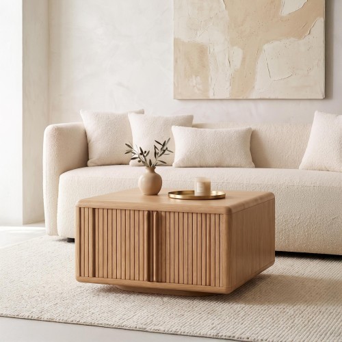 Table basse carrée en bois de chêne naturel avec portes coulissantes - Kael
