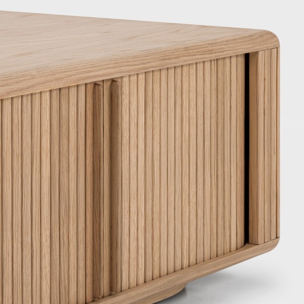 Table basse carrée en bois de chêne naturel avec portes coulissantes - Kael