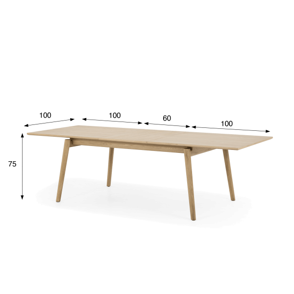 Table à manger en bois de chêne 200 x 100 cm avec allonge 60 cm - Elin